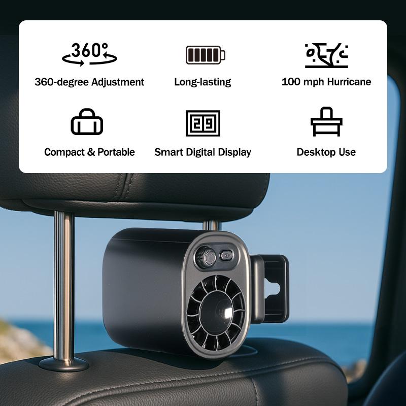 TALAPORR-ventilador con Clip para coche, con pantalla LED, rotación de 360 °, 100 velocidades ajustables, recargable por USB, batería de 1800mAh