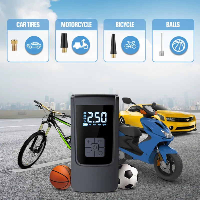 Inflador portátil de neumáticos para coche, 150 PSI, con pantalla digital e iluminación LED, recargable por USB-C, compacto y ligero para bicicleta, coche y más.