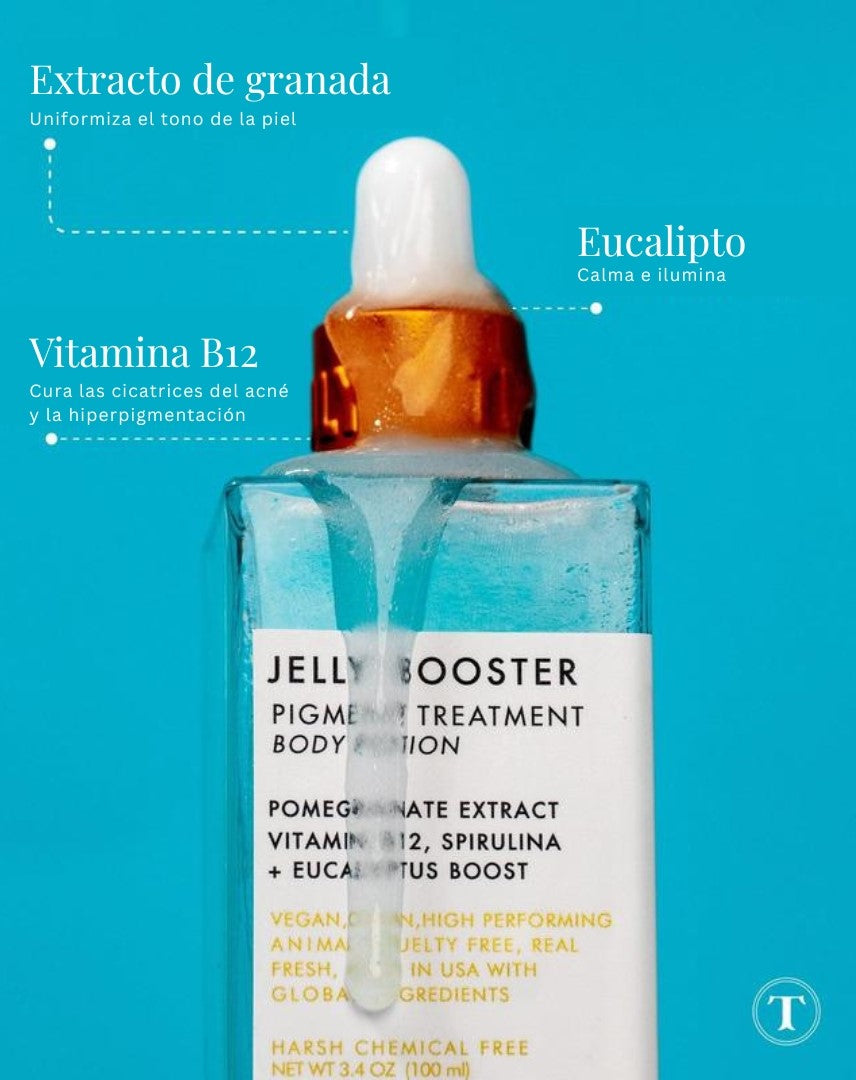 Poción corporal pigmentante Jelly Booster: potencia la producción de colágeno. Aroma fresco y limpio de verano.