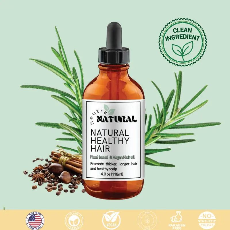 Aceite para el crecimiento del cabello con fórmula limpia NEUTRA NATURAL con romero, anís, café, clavo de olor, oliva, ricino, canela y aceite de árbol de té. Ingredientes totalmente naturales.