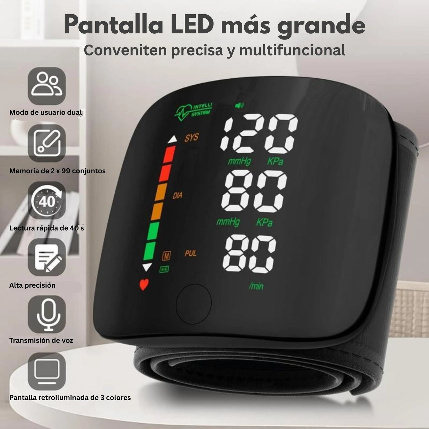 Monitor de presión arterial de muñeca con pantalla LED