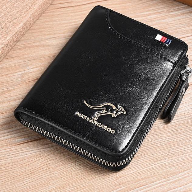 Cartera de cuero con bloqueo RFID para hombre, tarjetero de identificación, monedero con cremallera, impermeable