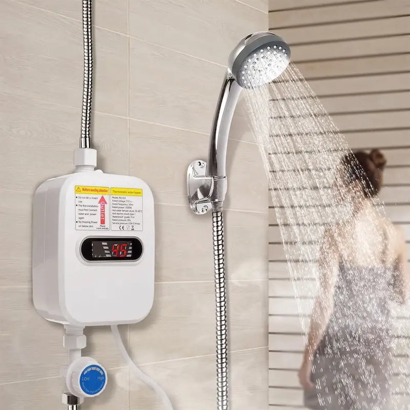 Calentador de agua eléctrico instantáneo de 3500 W con cabezal de ducha, pantalla LCD, agua caliente instantánea, fácil instalación para baños, cocinas y autocaravanas, acero inoxidable blanco