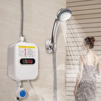 Calentador de agua eléctrico instantáneo de 3500 W con cabezal de ducha, pantalla LCD, agua caliente instantánea, fácil instalación para baños, cocinas y autocaravanas, acero inoxidable blanco
