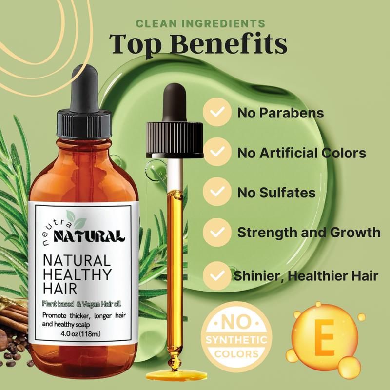 Aceite para el crecimiento del cabello con fórmula limpia NEUTRA NATURAL con romero, anís, café, clavo de olor, oliva, ricino, canela y aceite de árbol de té. Ingredientes totalmente naturales.