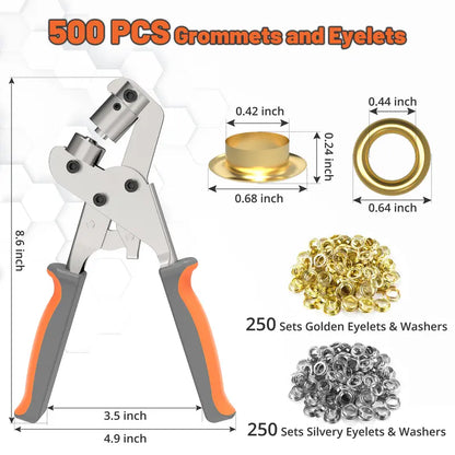 Kit de herramientas para ojales NEU MASTER de 3/8 de pulgada. Incluye 500 ojales, alicates para ojales, kit manual, perforadora, prensa para ojales de 10 mm para tela, lonas y cuero. Mango ergonómico de metal con mecanismo de doble palanca.