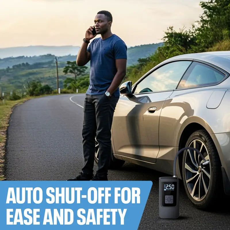 Inflador portátil de neumáticos para coche, 150 PSI, con pantalla digital e iluminación LED, recargable por USB-C, compacto y ligero para bicicleta, coche y más.