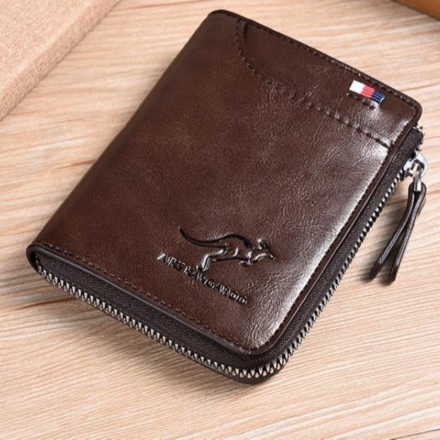 Cartera de cuero con bloqueo RFID para hombre, tarjetero de identificación, monedero con cremallera, impermeable