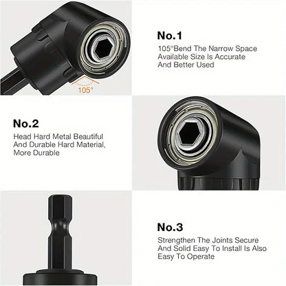 Juego de 6 accesorios para brocas de ángulo recto, que incluye 3 adaptadores de vaso de impacto giratorios 360° de 1/4, 3/8 y 1/2 pulgada, 2 adaptadores de broca de ángulo con vástago hexagonal de 105° y una broca biselada de 90°.