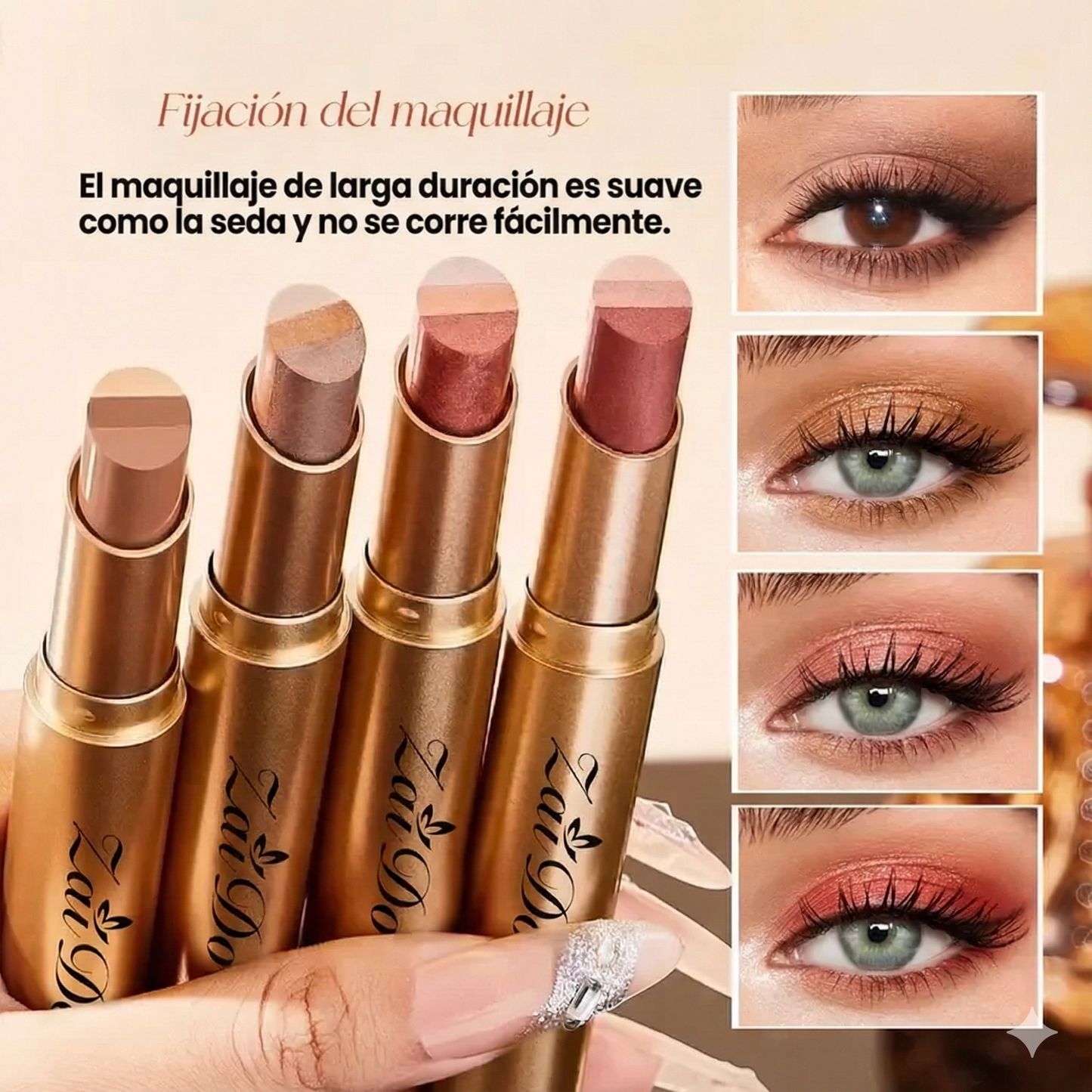 (Paquete de 4 colores) Sombra de ojos en barra 3 en 1 - Brillo de larga duración a prueba de manchas.