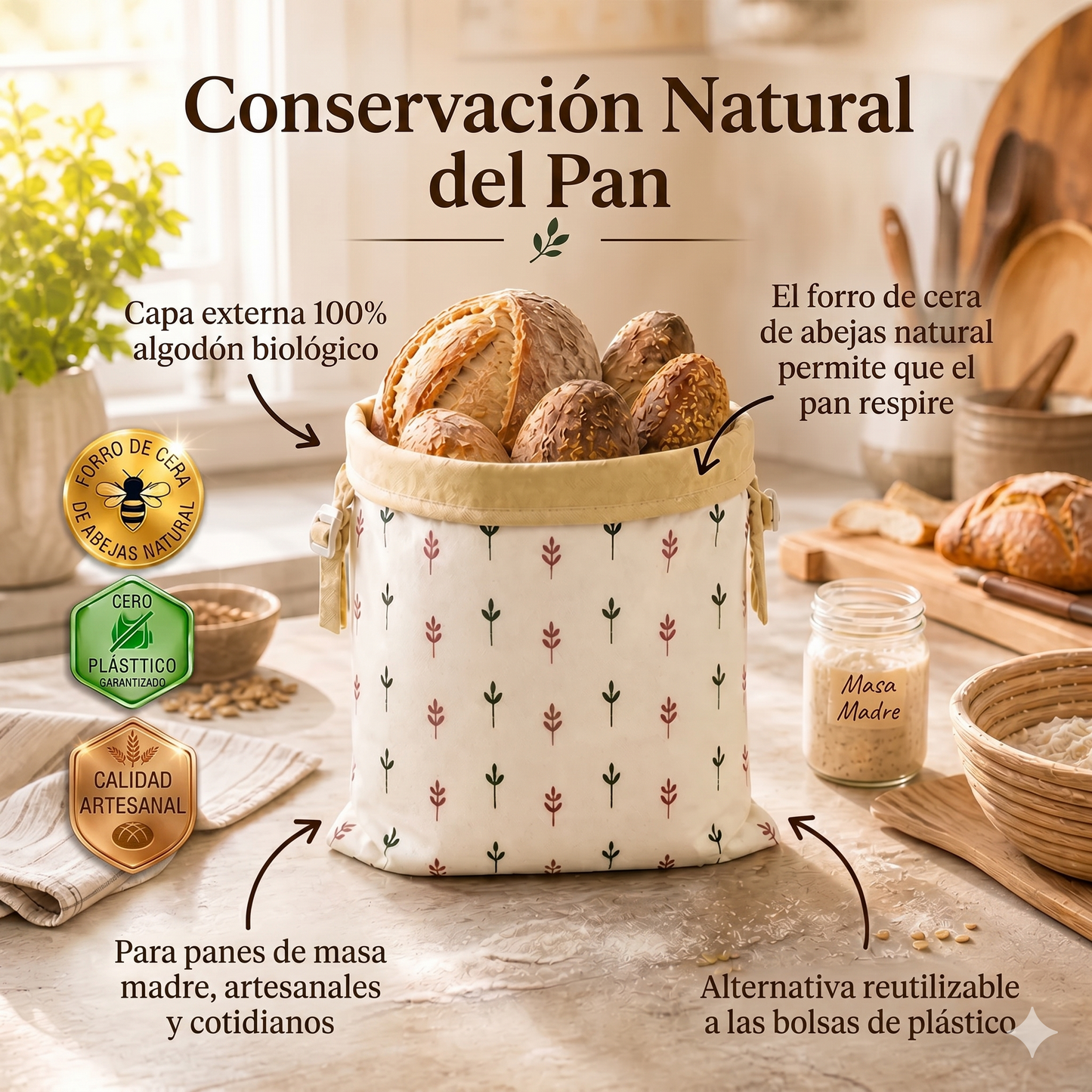 Bolsas de pan de primera calidad hechas de 100% algodón y cera de abeja.