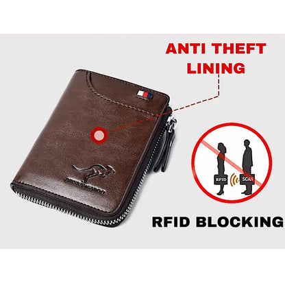 Cartera de cuero con bloqueo RFID para hombre, tarjetero de identificación, monedero con cremallera, impermeable