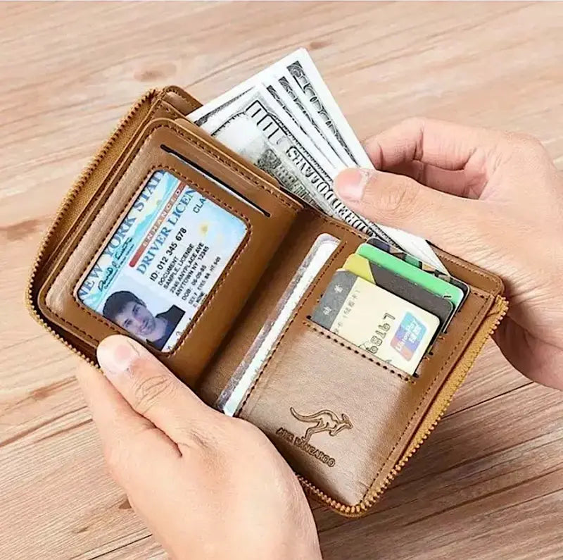 Cartera de cuero con bloqueo RFID para hombre, tarjetero de identificación, monedero con cremallera, impermeable