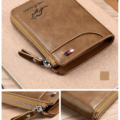 Cartera de cuero con bloqueo RFID para hombre, tarjetero de identificación, monedero con cremallera, impermeable