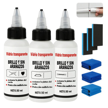 Vidrio transparente brillante y sin rayones (1 botella de 50ml + Esponja + Paño de microfibra)