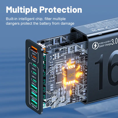 Concentrador USB de carga rápida de 8 puertos (4 USB-C + 4 USB-A) Cargador inteligente portátil para múltiples dispositivos Cargador inteligente para teléfonos, tabletas y más