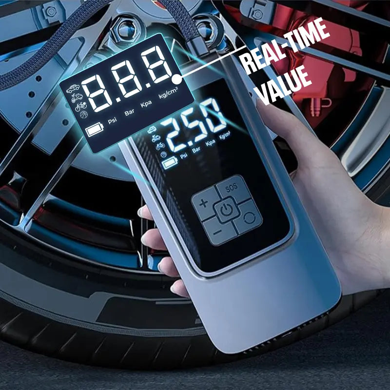 Inflador portátil de neumáticos para coche, 150 PSI, con pantalla digital e iluminación LED, recargable por USB-C, compacto y ligero para bicicleta, coche y más.