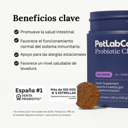 Probióticos para perros. Masticables blandos para alergias estacionales, salud intestinal y digestiva. Ingredientes de primera calidad revisados por veterinarios - Suplementos