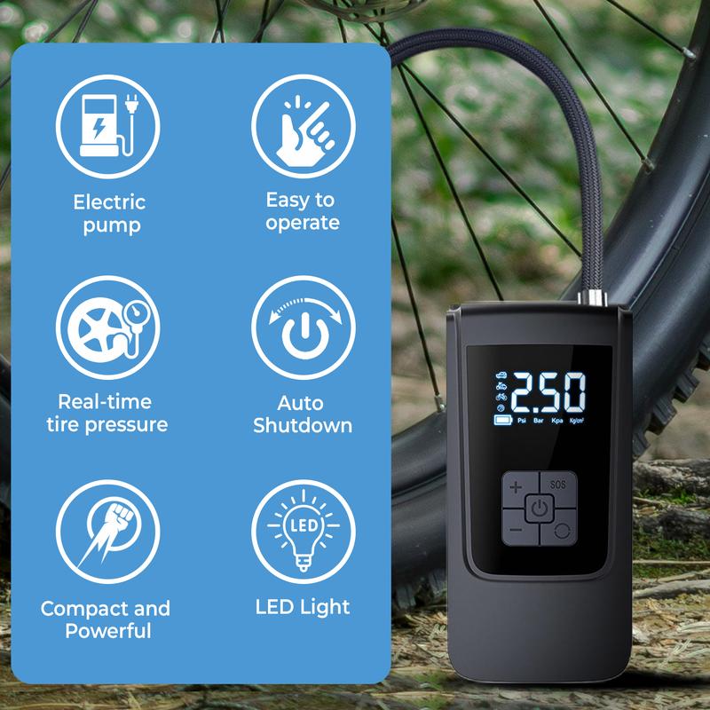 Inflador portátil de neumáticos para coche, 150 PSI, con pantalla digital e iluminación LED, recargable por USB-C, compacto y ligero para bicicleta, coche y más.