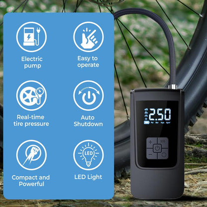 Inflador portátil de neumáticos para coche, 150 PSI, con pantalla digital e iluminación LED, recargable por USB-C, compacto y ligero para bicicleta, coche y más.
