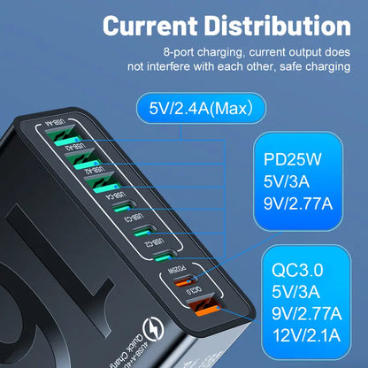 Concentrador USB de carga rápida de 8 puertos (4 USB-C + 4 USB-A) Cargador inteligente portátil para múltiples dispositivos Cargador inteligente para teléfonos, tabletas y más