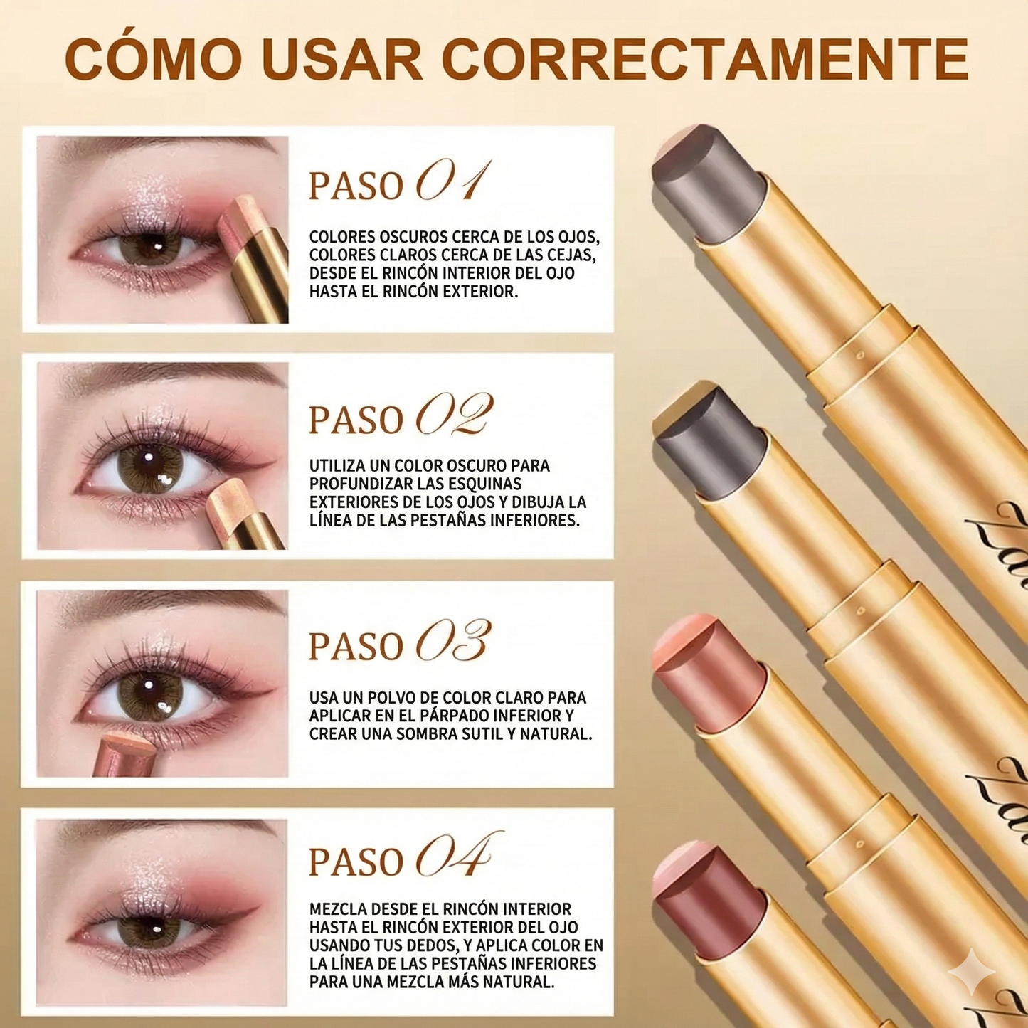 (Paquete de 4 colores) Sombra de ojos en barra 3 en 1 - Brillo de larga duración a prueba de manchas.