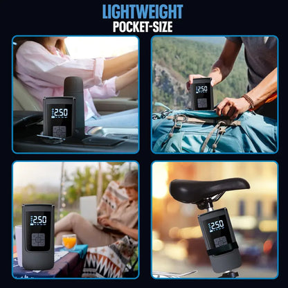 Inflador portátil de neumáticos para coche, 150 PSI, con pantalla digital e iluminación LED, recargable por USB-C, compacto y ligero para bicicleta, coche y más.