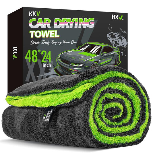 Toalla de secado KKV de tamaño completo, 122 x 61 cm (48 x 24 pulgadas), toalla de microfibra de doble cara para limpieza de autos con técnica de hilo trenzado para SUV, 1400 g/m², súper absorbente, no raya, secado rápido, lavable a máquina