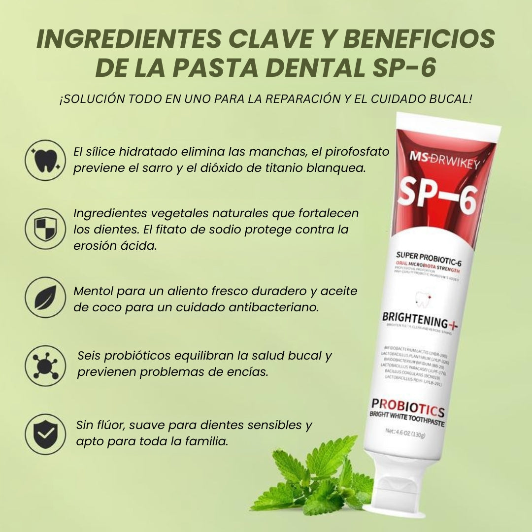 Pasta dental SP-6 | Cuidado bucal probiótico para reparar el esmalte y un aliento fresco duradero
