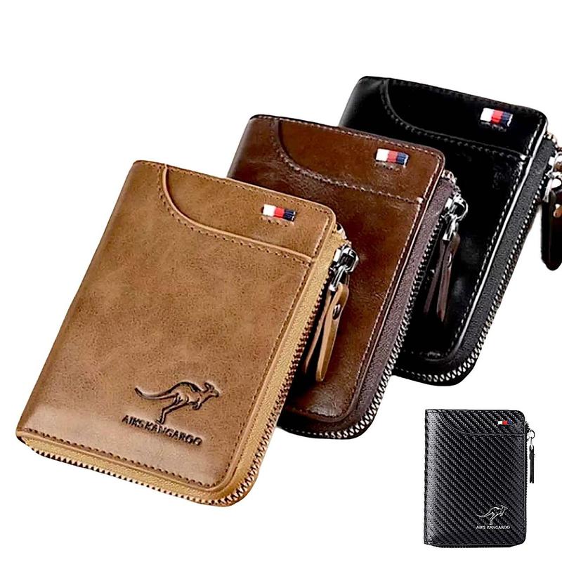Cartera de cuero con bloqueo RFID para hombre, tarjetero de identificación, monedero con cremallera, impermeable