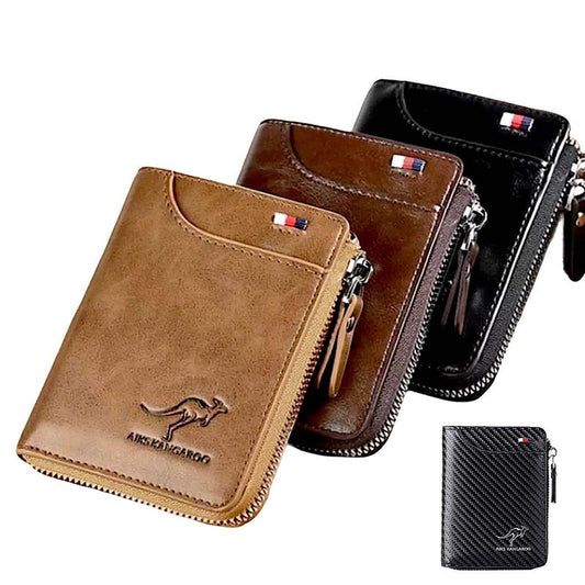 Cartera de cuero con bloqueo RFID para hombre, tarjetero de identificación, monedero con cremallera, impermeable