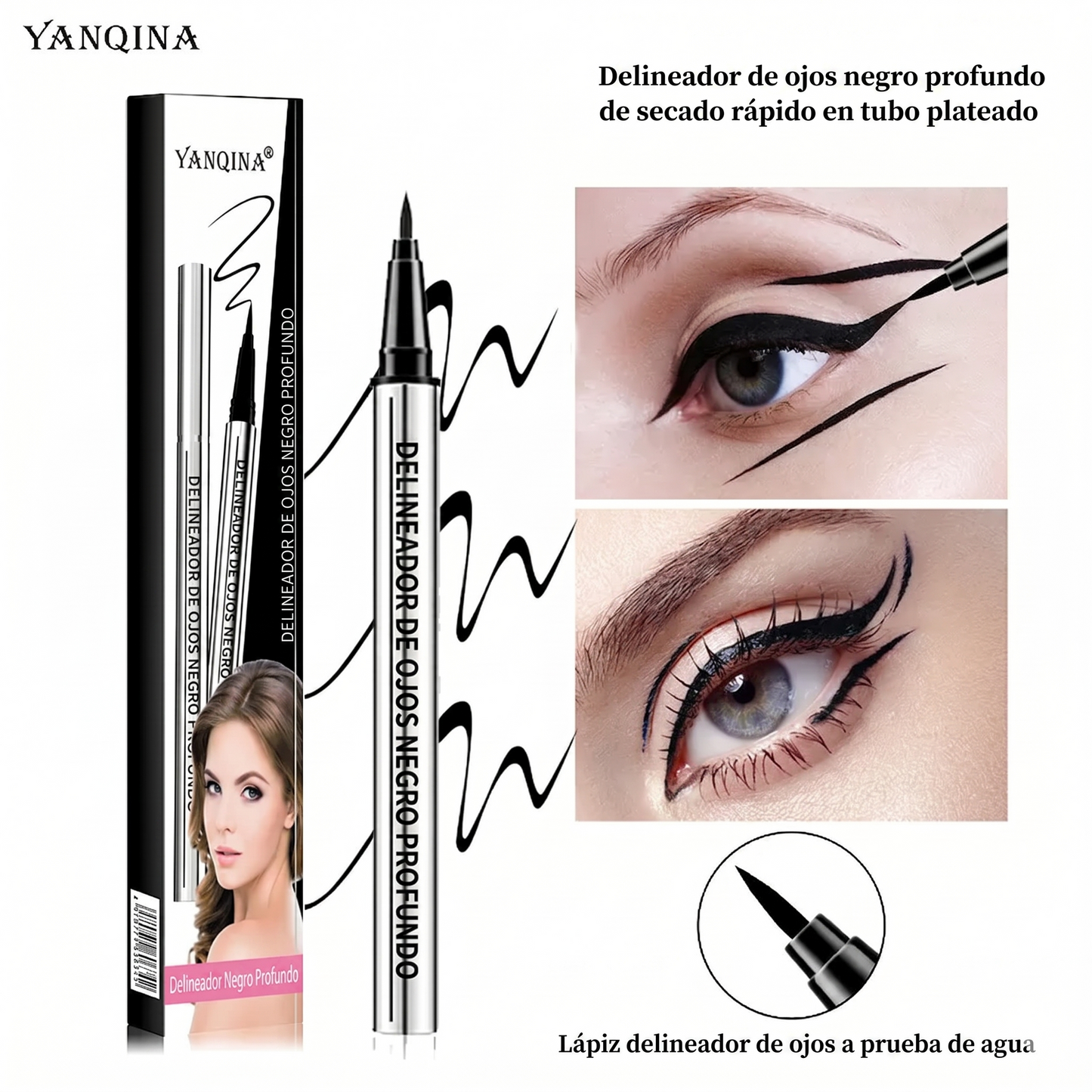 Color Negro – Delineador de Ojos de Larga Duración YANQINA – Waterproof, Vegano y de Aplicación Suave (24h)