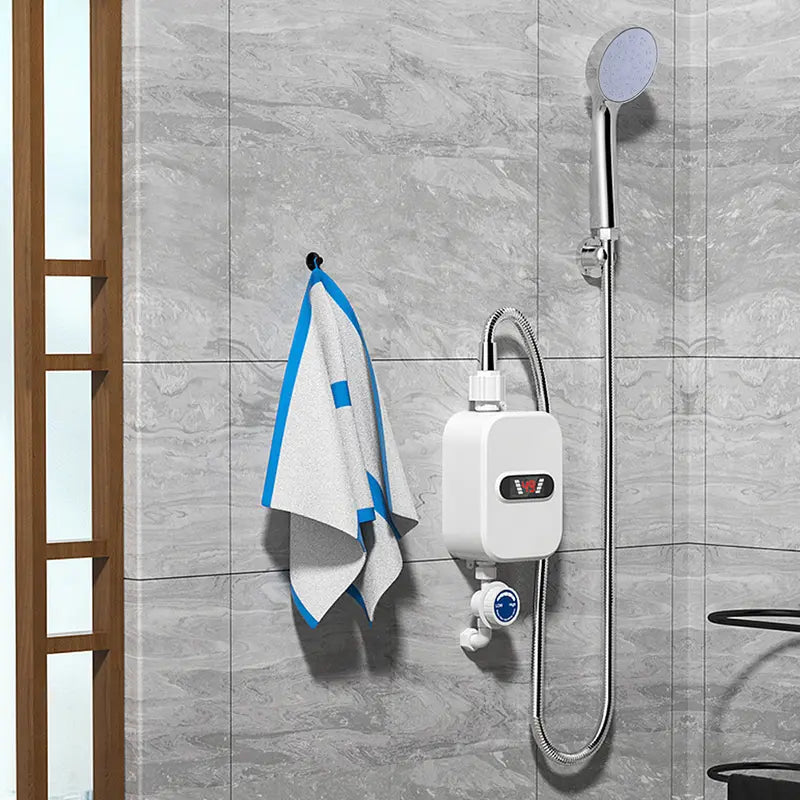 Calentador de agua eléctrico instantáneo de 3500 W con cabezal de ducha, pantalla LCD, agua caliente instantánea, fácil instalación para baños, cocinas y autocaravanas, acero inoxidable blanco