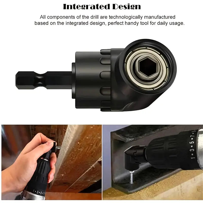 Juego de 6 accesorios para brocas de ángulo recto, que incluye 3 adaptadores de vaso de impacto giratorios 360° de 1/4, 3/8 y 1/2 pulgada, 2 adaptadores de broca de ángulo con vástago hexagonal de 105° y una broca biselada de 90°.