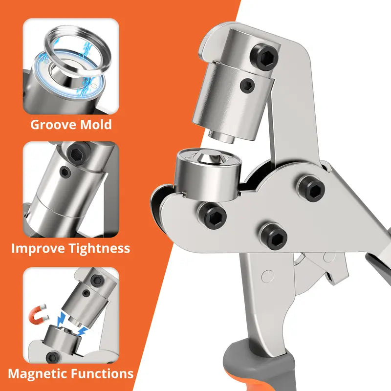 Kit de herramientas para ojales NEU MASTER de 3/8 de pulgada. Incluye 500 ojales, alicates para ojales, kit manual, perforadora, prensa para ojales de 10 mm para tela, lonas y cuero. Mango ergonómico de metal con mecanismo de doble palanca.