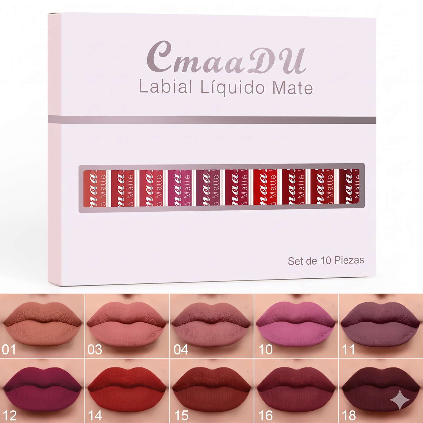 Paquete de 10 - Labial Mate Hidratante Larga Duración Resistente al Agua