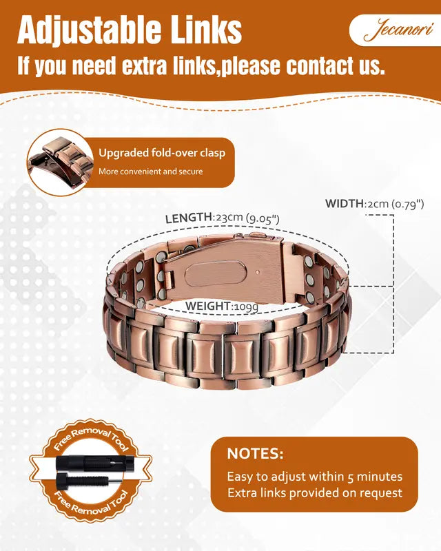 Pulsera de cobre Jecanori para hombre, brazalete único con cierre plegable, herramienta de ajuste y caja de regalo.