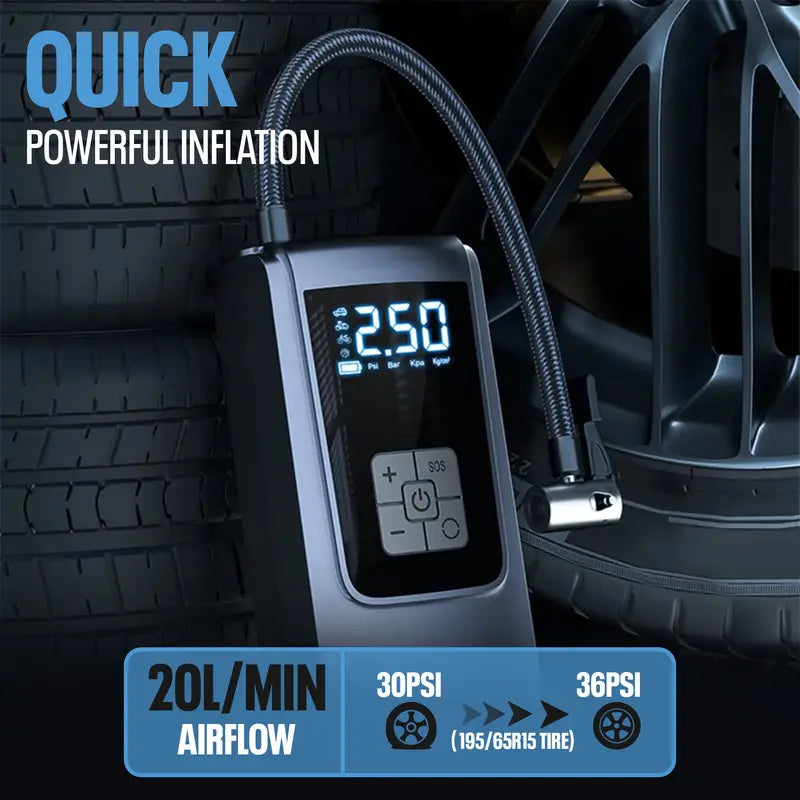Inflador portátil de neumáticos para coche, 150 PSI, con pantalla digital e iluminación LED, recargable por USB-C, compacto y ligero para bicicleta, coche y más.