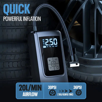 Inflador portátil de neumáticos para coche, 150 PSI, con pantalla digital e iluminación LED, recargable por USB-C, compacto y ligero para bicicleta, coche y más.