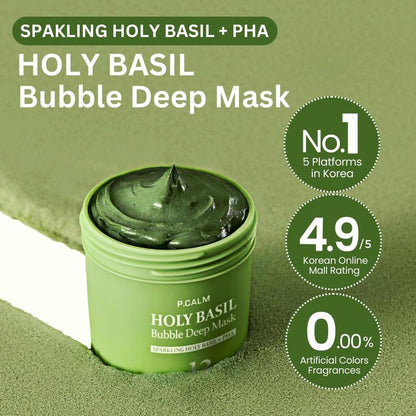 [P.CALM Oficial] Mascarilla profunda de burbujas con albahaca sagrada (13%) - Albahaca sagrada espumosa y PHA para limpiar poros y puntos negros. Mascarilla de burbujas de arcilla coreana (90 g)