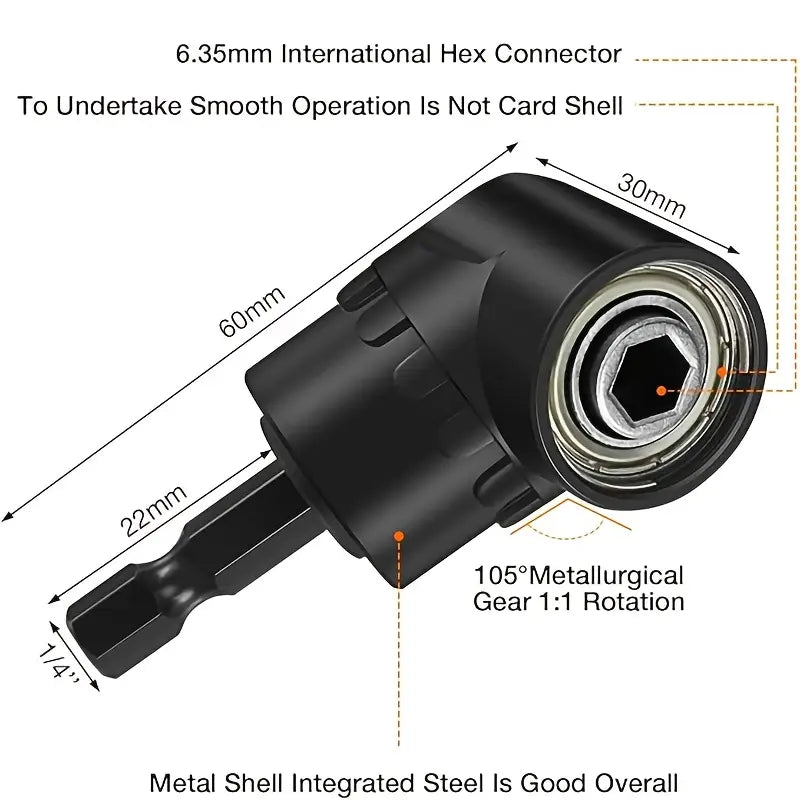 Juego de 6 accesorios para brocas de ángulo recto, que incluye 3 adaptadores de vaso de impacto giratorios 360° de 1/4, 3/8 y 1/2 pulgada, 2 adaptadores de broca de ángulo con vástago hexagonal de 105° y una broca biselada de 90°.