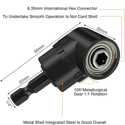 Juego de 6 accesorios para brocas de ángulo recto, que incluye 3 adaptadores de vaso de impacto giratorios 360° de 1/4, 3/8 y 1/2 pulgada, 2 adaptadores de broca de ángulo con vástago hexagonal de 105° y una broca biselada de 90°.