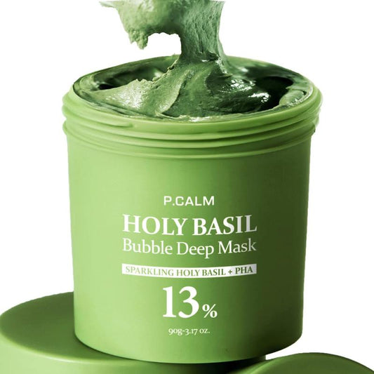 [P.CALM Oficial] Mascarilla profunda de burbujas con albahaca sagrada (13%) - Albahaca sagrada espumosa y PHA para limpiar poros y puntos negros. Mascarilla de burbujas de arcilla coreana (90 g)