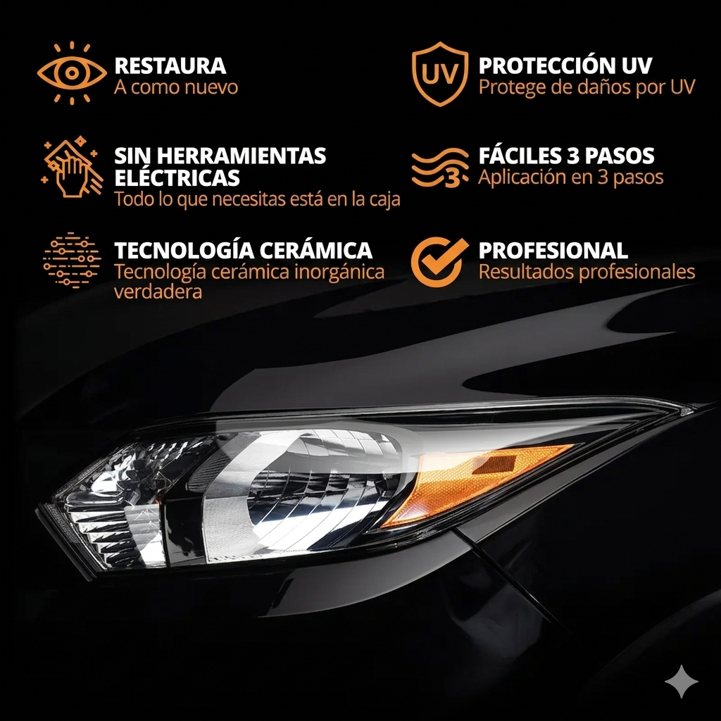 Kit de Restauración de Faros Toretark (Sin Lijado) – Solución de Limpieza (100ml) + Recubrimiento Cristalino (20ml)