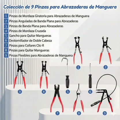 Juego de alicates para abrazaderas de manguera - Alcance largo (9 piezas)