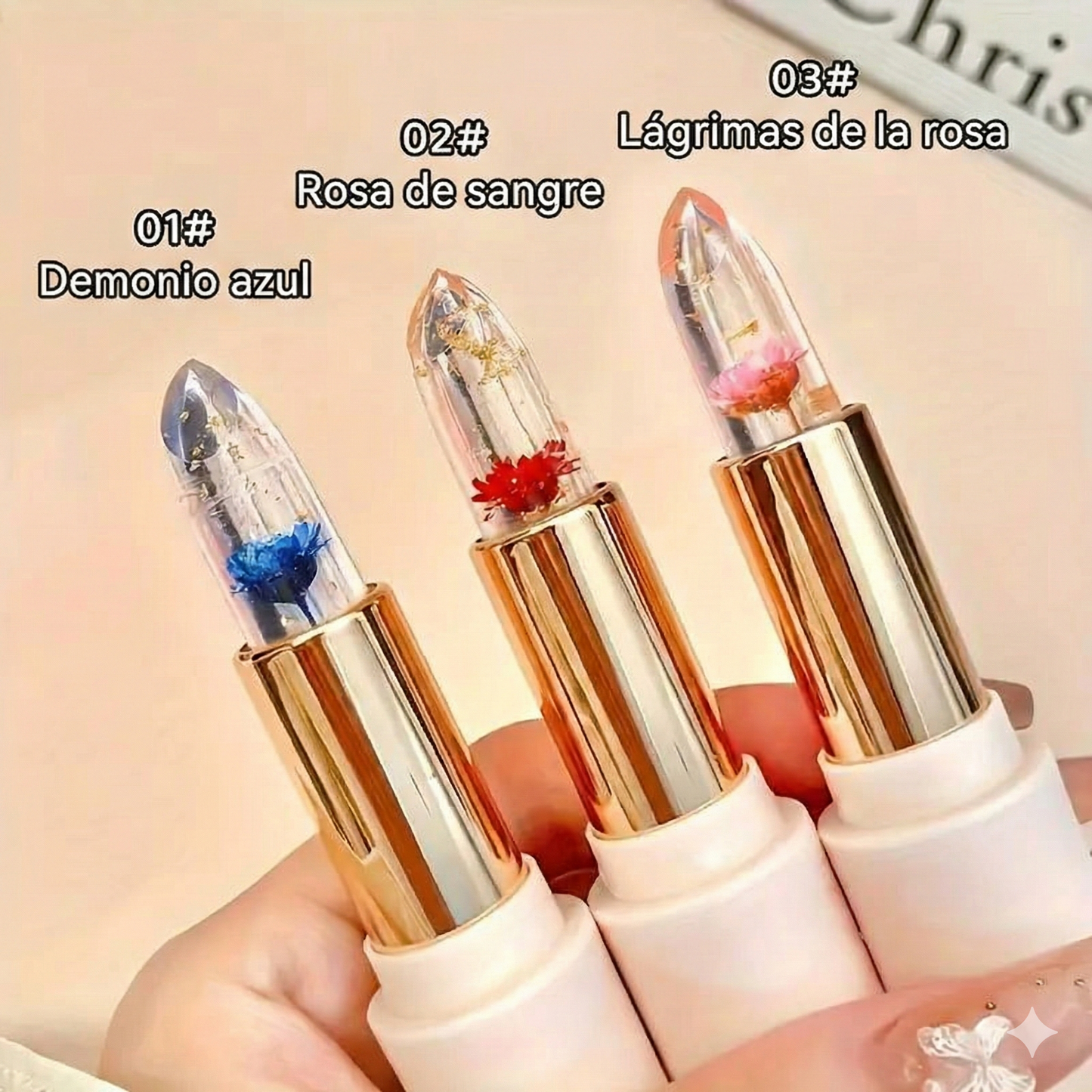 3 piezas - Set de labiales con pétalos transparentes