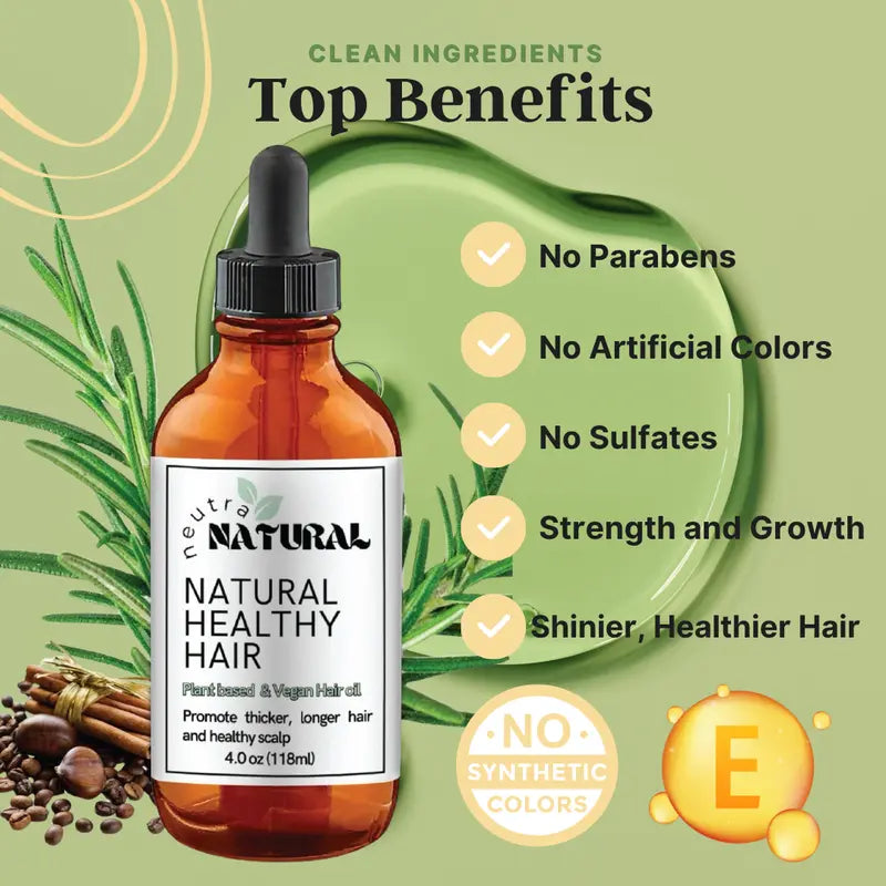 Aceite para el crecimiento del cabello con fórmula limpia NEUTRA NATURAL con romero, anís, café, clavo de olor, oliva, ricino, canela y aceite de árbol de té. Ingredientes totalmente naturales.