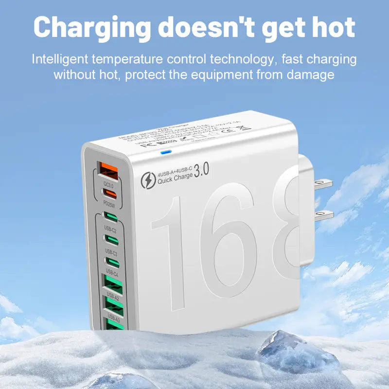 Concentrador USB de carga rápida de 8 puertos (4 USB-C + 4 USB-A) Cargador inteligente portátil para múltiples dispositivos Cargador inteligente para teléfonos, tabletas y más