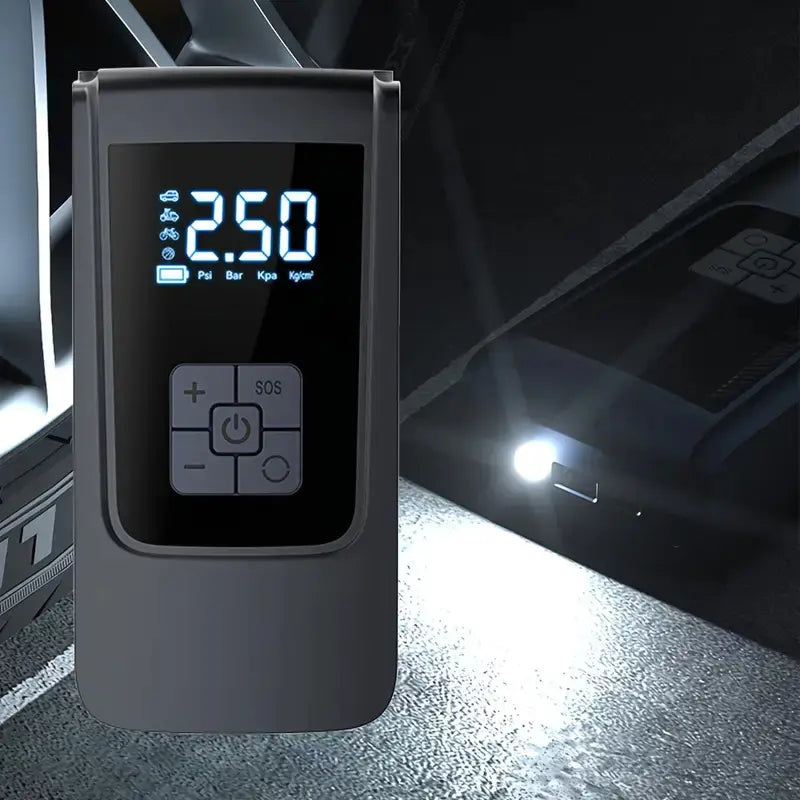 Inflador portátil de neumáticos para coche, 150 PSI, con pantalla digital e iluminación LED, recargable por USB-C, compacto y ligero para bicicleta, coche y más.