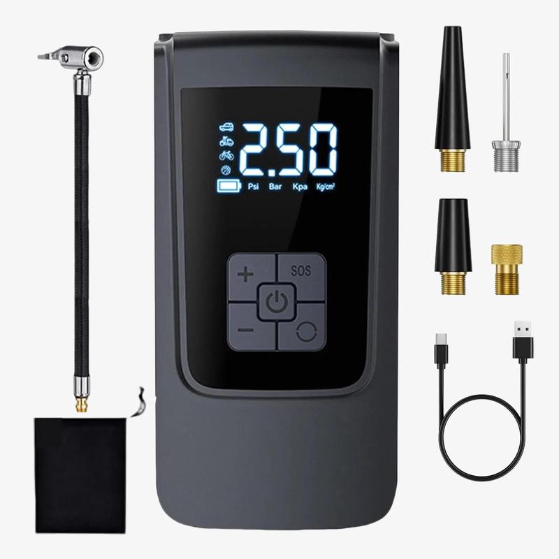 Inflador portátil de neumáticos para coche, 150 PSI, con pantalla digital e iluminación LED, recargable por USB-C, compacto y ligero para bicicleta, coche y más.
